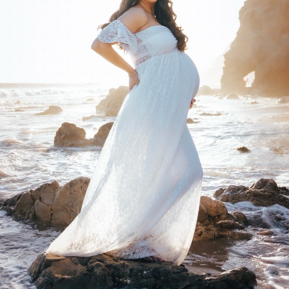 Lacey white off the shoulder maternity dress